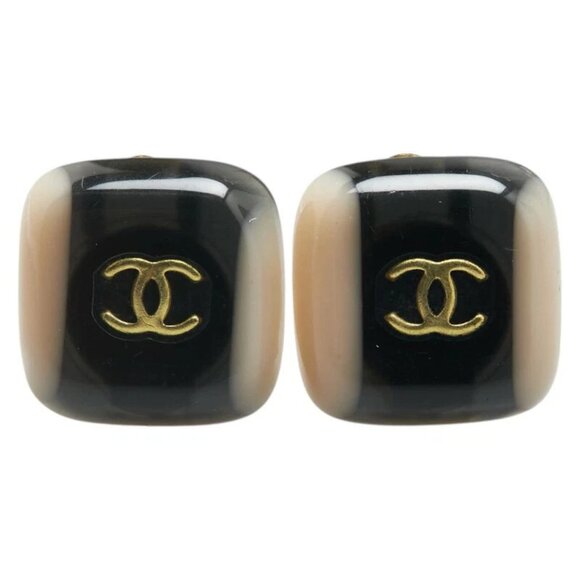 CHANEL CC Logos Black Bicolor Square Clip-On Earrings Gold Tone 01A Auth
